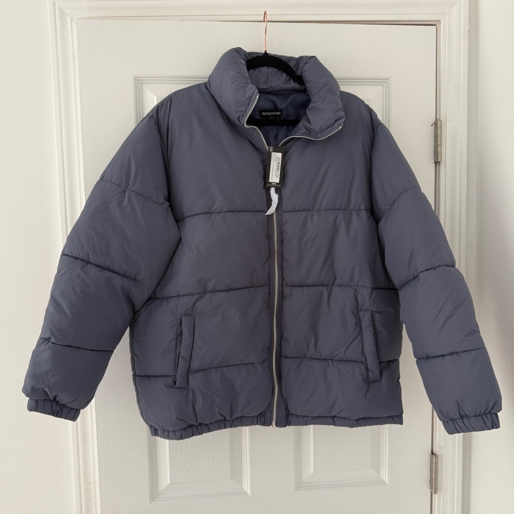 NWT PRETTYLITTLETHING Slate Gray Puffer Jacket Soft Touch Nylon M Cozy Fall Coat
